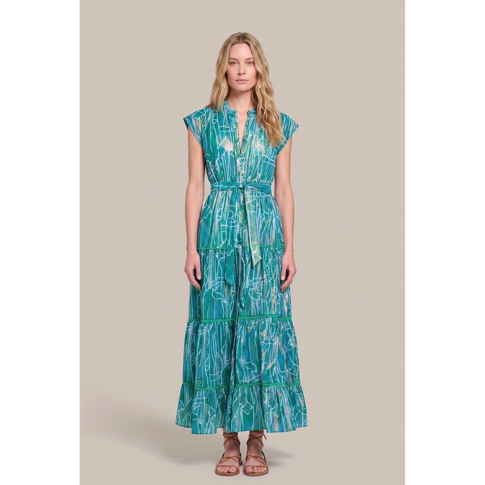 Poupette St. Barth NWT Kora Long Dress Green Akoya Metallic Tiered Maxi- M